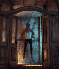 Girl being peg by an evil that vengeful in a haunted house,3d rendering,** night scene may have some noise