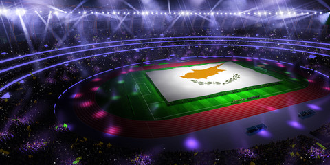 people hold Cyprus flag in stadium arena. field 3d photorealistic render