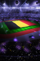 people hold Belgium flag in stadium arena. field 3d photorealistic render