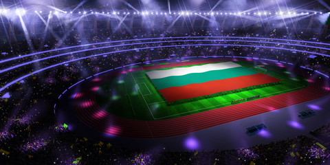 people hold Bulgaria flag in stadium arena. field 3d photorealistic render