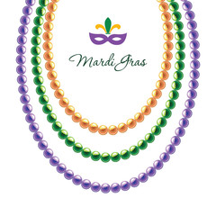 Mardi Gras beads necklace decorative frame template isolated on white. Fat tuesday carnival. Vector