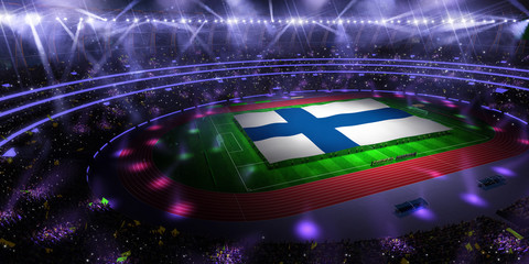 people hold Finland flag in stadium arena. field 3d photorealistic render