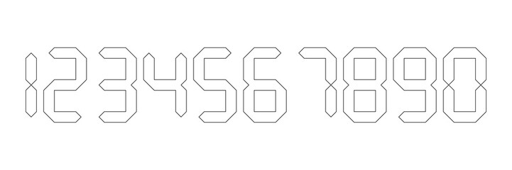 White digital numbers with black outline. Seven-segment display is used in calculators, digital clocks or electronic meters. Vector illustration