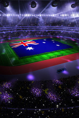 people hold Australia flag in stadium arena. field 3d photorealistic render