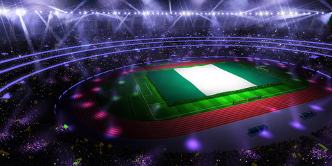 Fototapeta na wymiar people hold Nigeria flag in stadium arena. field 3d photorealistic render