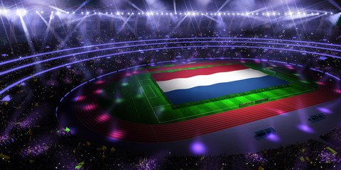people hold Netherlands flag in stadium arena. field 3d photorealistic render