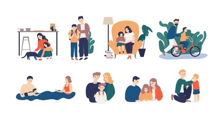 Bundle of happy loving family scenes. Good parenting and nurturing. Care, trust and support between parents and children. Mother and father educating and teaching their kid. Flat vector illustration.