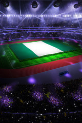 people hold Nigeria flag in stadium arena. field 3d photorealistic render