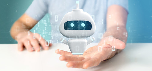 Businessman holding Chatbot with binary code 3d rendering