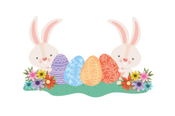 easter rabbits with eggs and flowers icon
