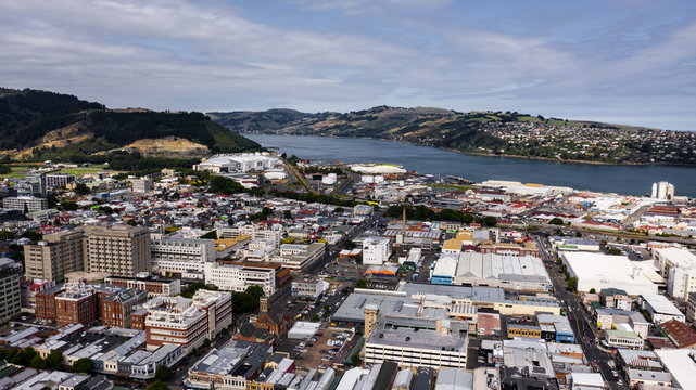 Dunedin from above, drone image of Dunedin New Zealand, city landscape aerial photography