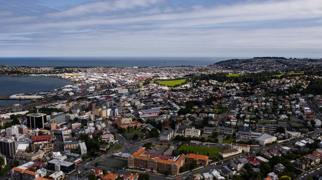 Dunedin from above, drone image of Dunedin New Zealand, city landscape aerial photography