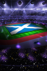 people hold Scotland flag in stadium arena. field 3d photorealistic render illustration