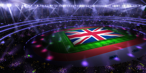 people hold United Kingdom flag in stadium arena. field 3d photorealistic render illustration