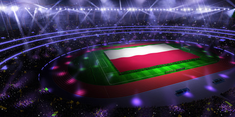 people hold Poland flag in stadium arena. field 3d photorealistic render illustration