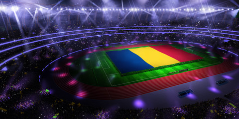 people hold Romania flag in stadium arena. field 3d photorealistic render illustration
