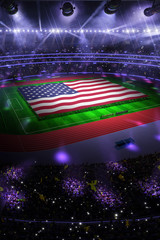 people hold USA flag in stadium arena. field 3d photorealistic render illustration