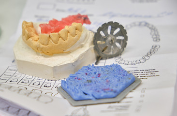 Artificial dentition and instruments in a dental laboratory