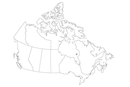 Map of Canada divided into 10 provinces and 3 territories. Administrative regions of Canada. Blank white map with black outline. Vector illustration