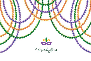 Mardi Gras beads garlands horizontal decorative template isolated on white. Fat tuesday carnival. Vector