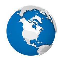 Earth globe. 3D world map with grey political map of countries dropping shadows on blue seas and oceans. Vector illustration