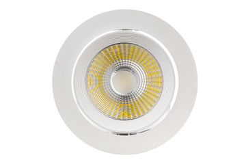 white round led lamp with yellow reflector, on a white background, frontal arrangement