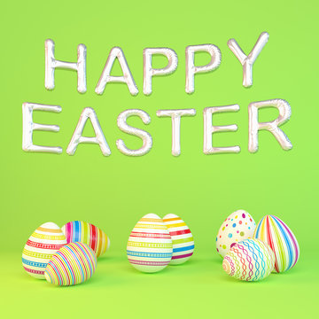 3d render - eight colorfu Easter eggs on green background - balloons - happy easter