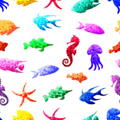 Seamless pattern with sea fish in Low Poly style