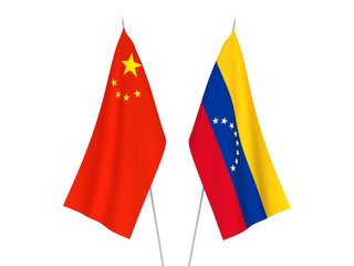 National fabric flags of China and Venezuela isolated on white background. 3d rendering illustration.