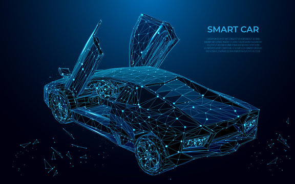 Smart Car. Sport Car In The Form Of A Starry Sky Or Space. Cars Vector Wireframe Concept. Polygon Vector Design.  Poly Art