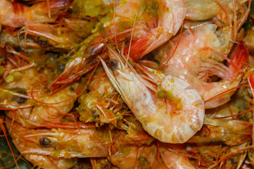 Close-up of baked shrimps. Food background
