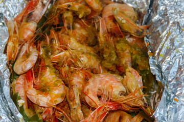 Close-up of shrimps baked in foil