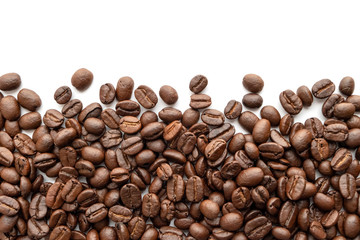 Roasted coffee beans isolated on white background. Close-up.