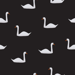 Seamless pattern white swan on black background, vector eps 10