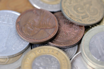 Coins of different countries close-up