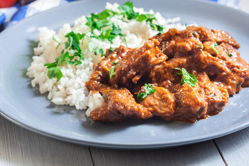 Beef Stroganoff served with rice