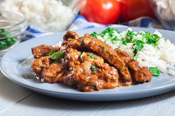 Beef Stroganoff served with rice