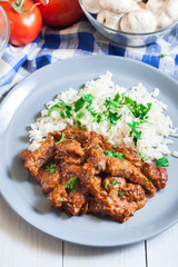 Beef Stroganoff served with rice