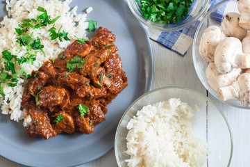 Beef Stroganoff served with rice
