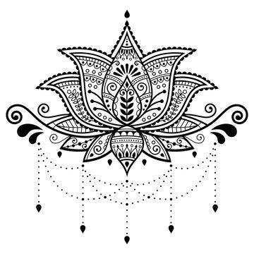 Lotus flower vector design, Indian ornamental pattern, Mehndi henna tattoo decoration - yoga greeting card 
