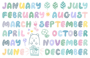 Handwritten names of months. Cute doodle set for banner, poster, notebook, diary, daily log, datebook, calendar, schedule, sticker, organizer, greeting card, bullet journal and planner.