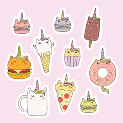 Peel and stick wall murals Illustrations Set of kawaii stickers with foods with unicorn horn, ears, macarons, pizza, burger, ice cream, cupcake, donut, coffee. Isolated objects. Hand drawn vector illustration. Design concept kids print