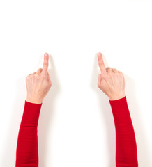 Hands in red jacket and gestures