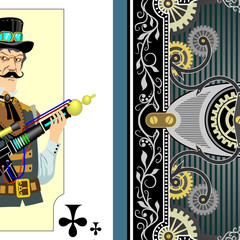 Playing card king of clubs, gamble clubs game symbol,  character steampunk mechanic style.