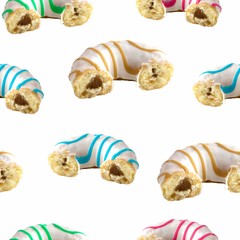 Seamless pattern of mixed doughnuts on white background.
