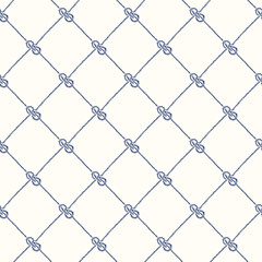 Hand-Drawn Rope Diagonal Plaid with Zeppelin Bend Nautical Knots Vector Seamless Pattern. Blue White Marine Background