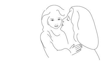 Mom and daughter face to face. Mom and baby hug. Happy mother with baby. Linear drawing. Mom kisses daughter