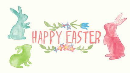 Happy Easter lettering with watercolor background, Easter design with cute bunny and text, hand...