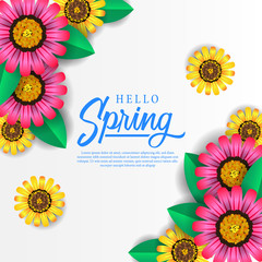 Hello spring background banner template with fresh pink and yellow flower blossom from top view 