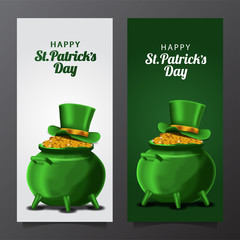 St. Patrick's day banner leaflet template with green and white background with illustration of  gold coin in pot and hat